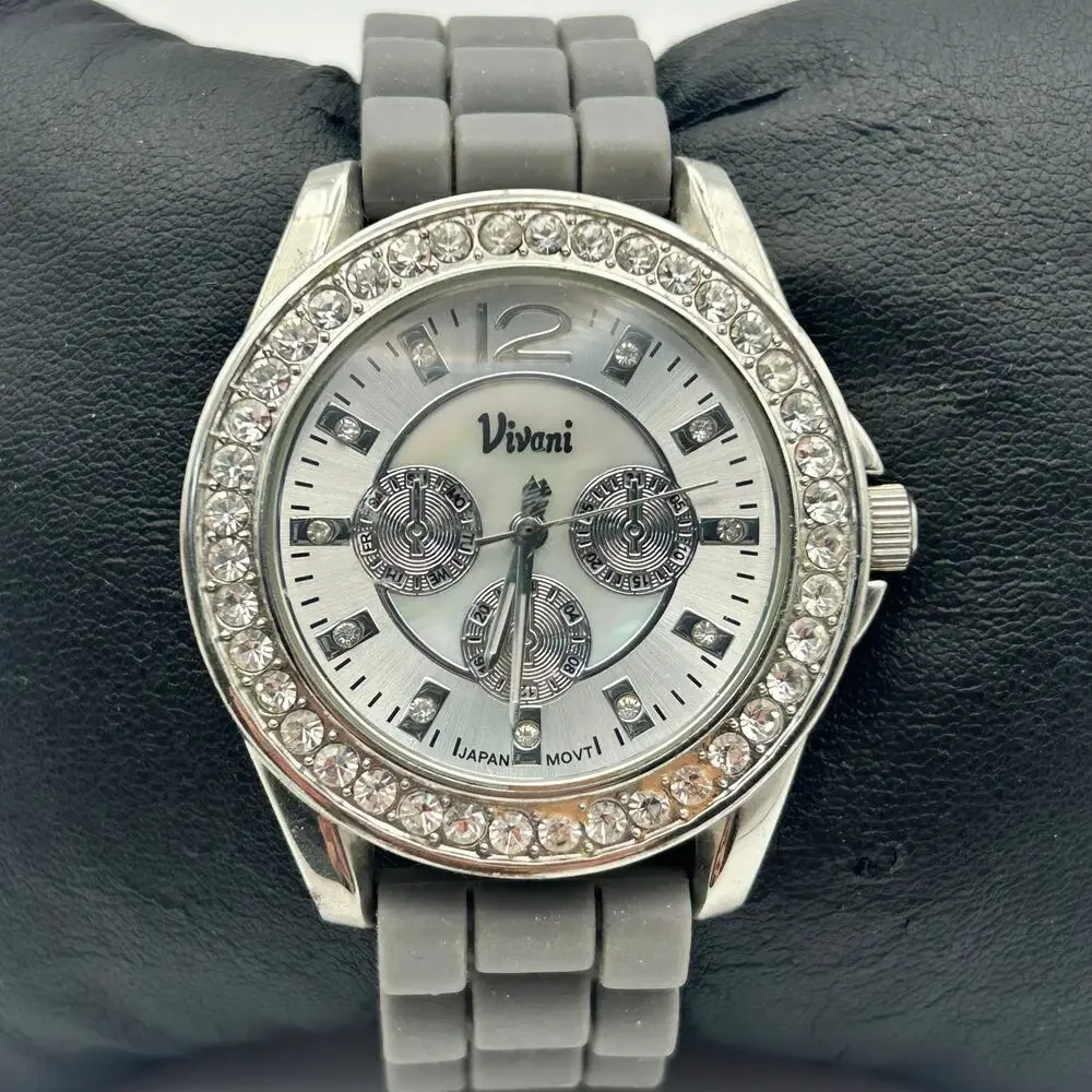 Vivani Mother Pearls Crystal Bezel Gray Band Women’s Watch New Battery